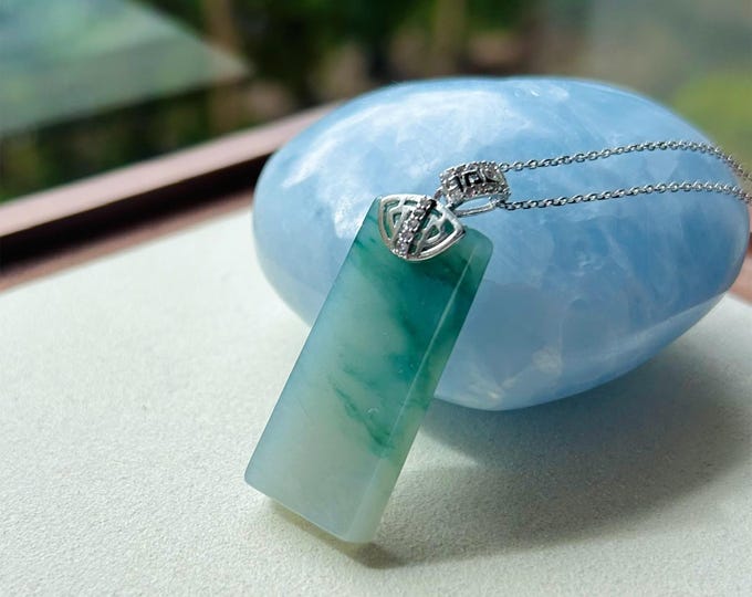 Jadeite Jade Pendant Sterling Silver Necklace Jewelry Gift for Her Natural Burmese Untreated Type A Icy Translucent Blue Floral WuShiPai