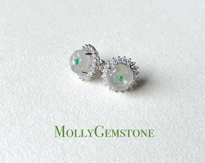 Jadeite Jade Stud Earrings Authentic Type A Burmese Translucent Icy White WuJi Floral Jade Earrings Gift for Her 925 Silver Handmade Jewelry