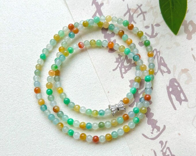 Jadeite Jade Beaded Stacked Bracelet Necklace Jewelry Gift for Her Natural Burmese Type A Highly Translucent Rainbow Color 3.5mm Minimalist