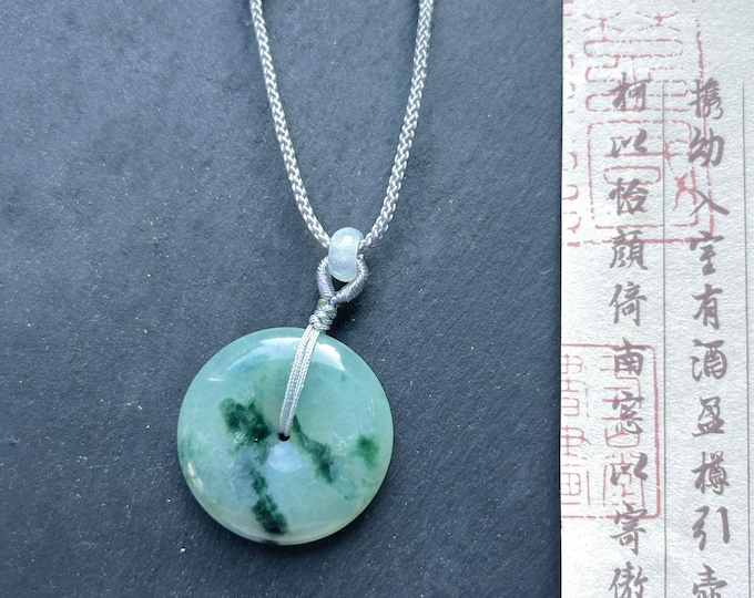 Jadeite Jade Lucky Donut Pendant Adjustable Necklace Gift for Her Natural Burmese Type A Icy Translucent Blue Floral Jade Ping An Kou 30.6mm