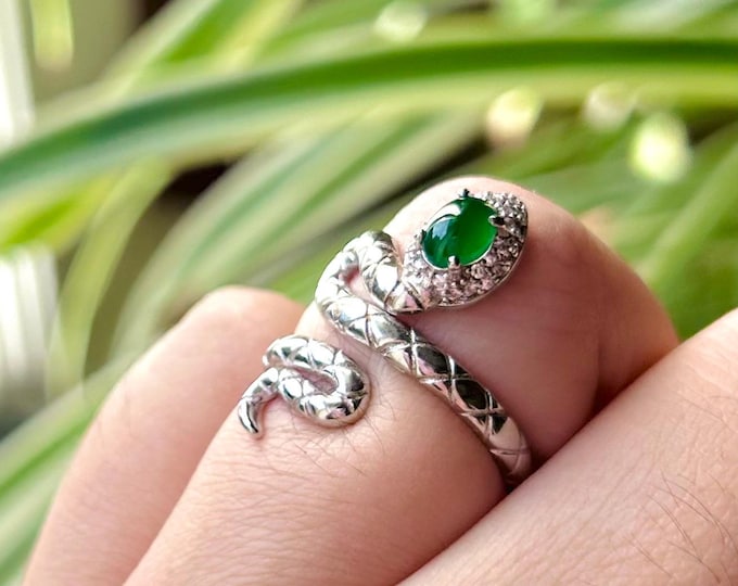 Certified Natural Jadeite Ring Jewelry Translucent Type A Icy Guatemala Green Jade Snake Adjustable Sterling Silver Ring Handmade Gift