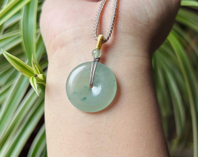 Jadeite Jade Lucky Donut Pendant adjustable Necklace Gift for Her Untreated Authentic Type A Icy Translucent Burmese Green Jade Ping An Kou