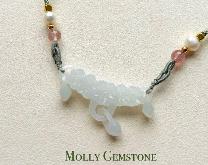 Jadeite Jade Crecent Pendant Jewelry Natural Burmese Untreated Type A Highly Translucent Icy White Jade Carved Flowers Handwowen Necklace