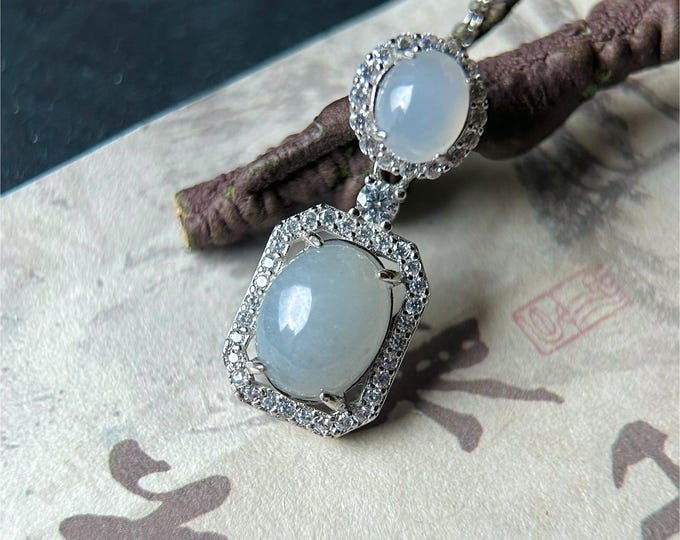 Natural Jadeite Sterling Silver Pendant Jewelry Burmese Type A Highly Translucent Icy Pale Blue & White