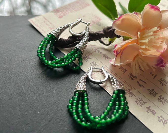 Natural Jadeite Earrings: Guatemalan Type A Untreated Highly Translucent Icy Emerald Green Jade, Sterling Silver