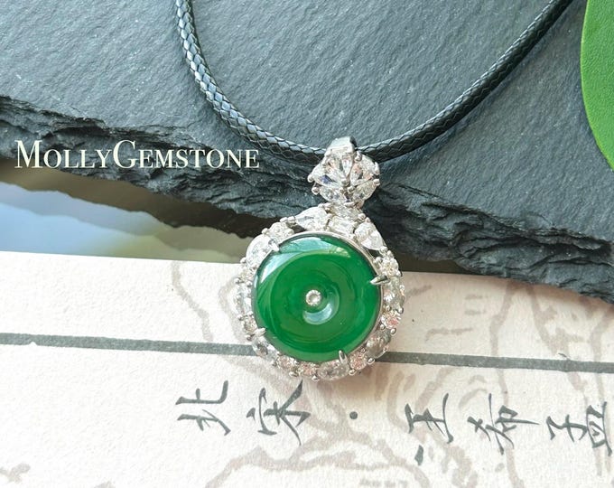 Certified Natural Jadeite Lucky Donut Pendant Guatemalan Type A Highly Translucent Icy Emerald Green Jade PingAnKou, 925 Sterling Silver