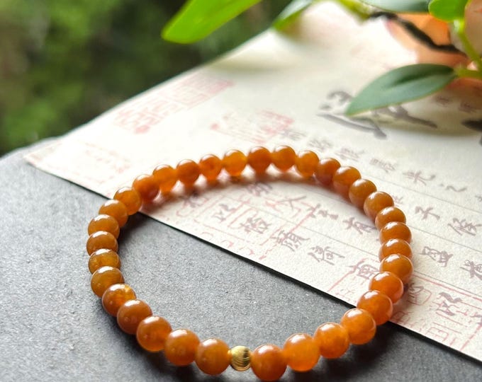 Natural Jadeite Beaded Bracelet Handmade Jewelry Gift for Her Burmese Type A Translucent Icy Maple Orange 5.7mm Jade