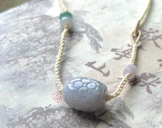 Natural Jadeite Lulutong Pendant Handwoven Adjustable Necklace Burmese Type A Translucent Icy Lavender Purple Jade