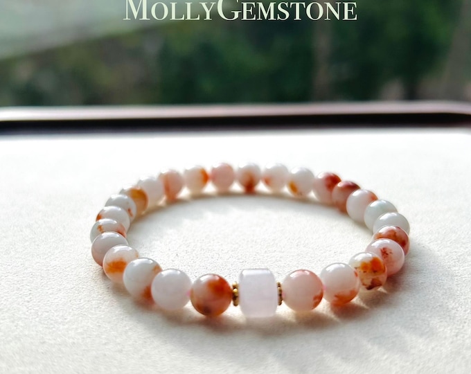 Jadeite Jade Beaded Bracelet Jewelry Gift for Her Untreated Unheated Burmese Icy Translucent Type A RARE Red Floral Jade 6.8mm FeiCui