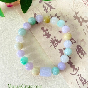 Jadeite Beaded Bracelet Jewelry Gift for Her Natural Burmese Type A Icy Translucent Jadeite Lotus Bead Jade MultiColor Fei-Cui 9mm