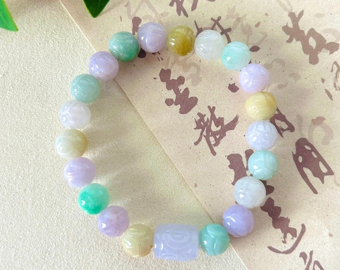 Jadeite Beaded Bracelet Jewelry Gift for Her Natural Burmese Type A Icy Translucent Jadeite Lotus Bead Jade MultiColor Fei-Cui 9mm
