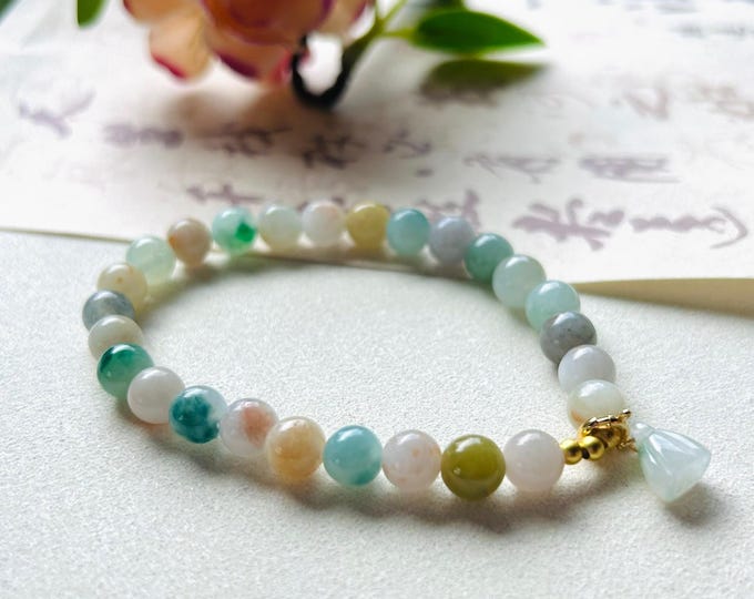 Jadeite Jade Beaded Bracelet Jewelry Gift for Her  Natural Burmese Type A Icy Translucent RARE multicolored Rainbow Floral Jade 7.2mm