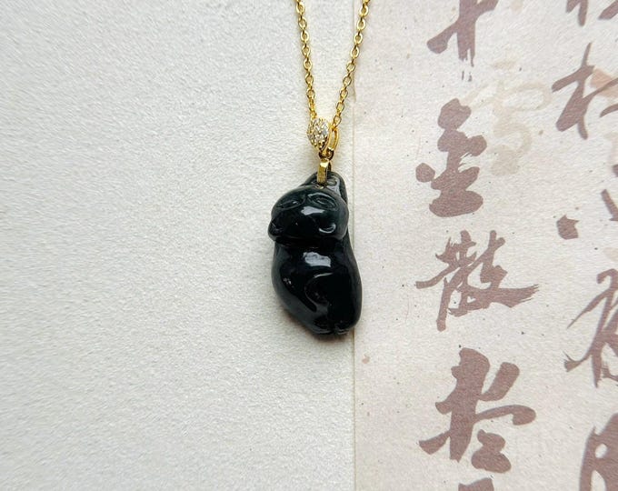 Jadeite Jade Cute Black Cat Hand-carved Pendant Sterling Silver Necklace Jewelry Gift Burmese Untreated Type A Icy Gelatinous Wuji(乌鸡) Jade