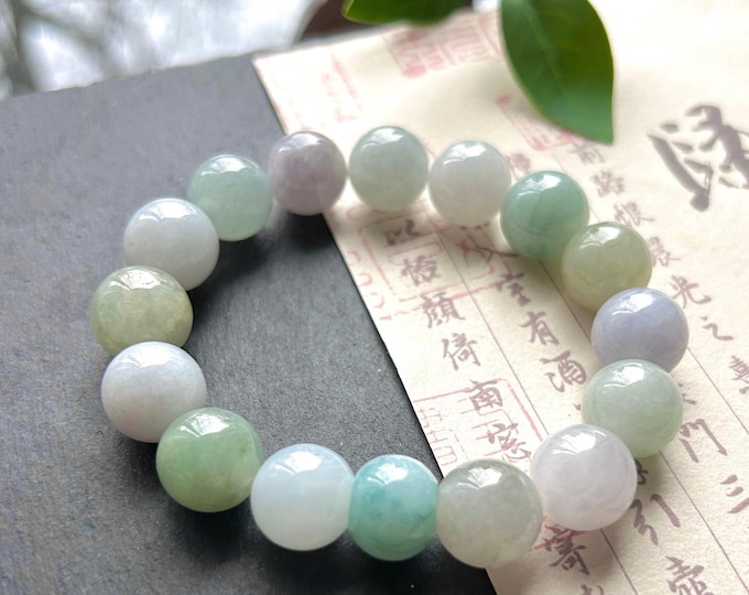 Natural Jadeite Beaded Bracelet Burmese Type A Untreated Icy Translucent Pastel Multicolored Jade 12mm BIG Beads