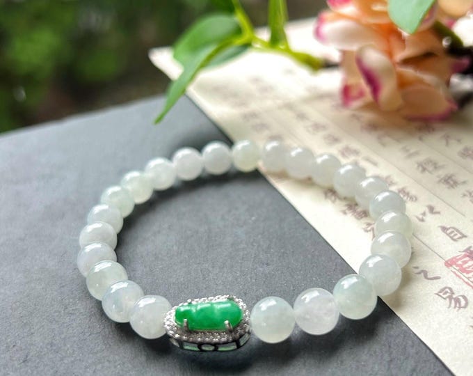 Natural Jadeite Beaded Bracelet – Burmese Type A Icy White 7mm Beads, Green Jade Pea Charm, Sterling Silver Frame