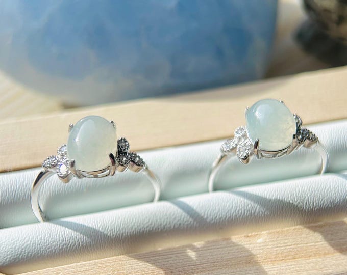Natural Jadeite Jade Ring Jewelry Burmese Type A Highly Translucent Icy White Jadeite Adjustable Sterling Silver Ring Handmade Gift for Her