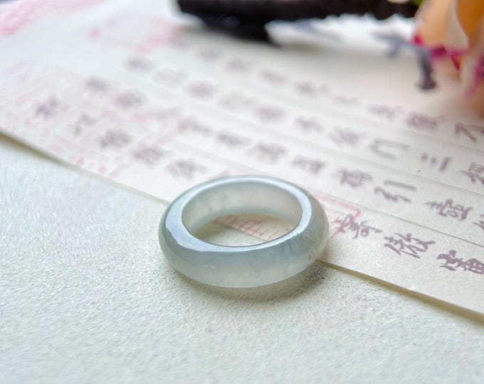 Jadeite Jade Ring Band Jewelry Gift for Her Natural Burmese Type A Super High Translucency Icy White Jade Ring Band 16mm - US 6 FeiCui