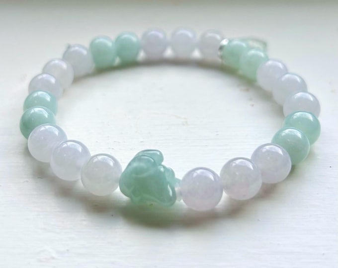 Jadeite Jade Bracelet Jewelry Gift for Her 100% Untreated Genuine Icy Blue & White Hand-carved Bunny Type A Burmese 7.5mm Handmade in Canada