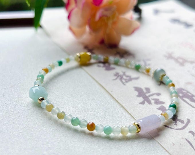 Jadeite Jade Beaded Minimalist Bracelet Jewelry Gift for Her Natural Burmese Type A Highly Translucent Icy Multicolor Jade 3mm & Silver