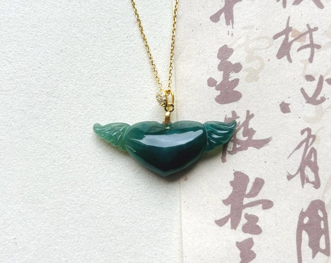 Jadeite Jade Heart & Wings Pendant Jewelry Gift for Her Natural Guatemalan Type A Icy Translucent Blue Dark Green Jadeite Sterling Silver