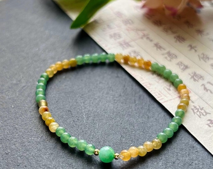 Natural Jadeite Beaded Minimalist Bracelet Jewelry Burmese Type A Highly Translucent Icy Green & Yellow 3mm Jade