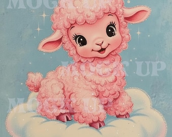 Large Pastel Pink Lamb Retro Art Print | Kitsch Nursery Decor | Vintage 1960's Animal Poster | Cute Wall Art | Baby Shower Gift