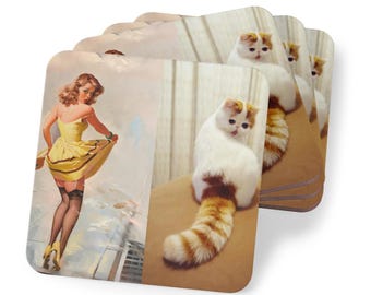 Cat Pinup Girl Coasters Set of 4 | Retro Mid Century Modern Drink Coasters | Funny Cat Lover Gift | Vintage Kitsch Home Deco Square