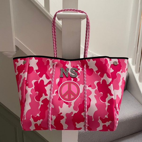 Personalised Pink Peace Camo Neoprene Patch Pink Tote Bag & Pouch Large Beach Bag Hand luggage airplane work bag Shoulder Custom shopper