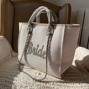 Braut Stein Große Kette Initial Tragetasche Strandtasche Handgepäck Flugzeug Schulter Custom Handtasche Canvas Bag Braut Hochzeit Hendo Flitterwochen