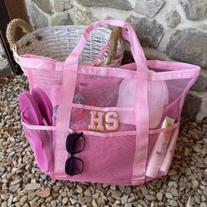 Personalisierte Patch Tasche Netz Mesh Große Initiale Tragetasche Strandtasche Flugzeug Pooltasche Schulter Benutzerdefinierte Handtasche Einkaufstasche Urlaub