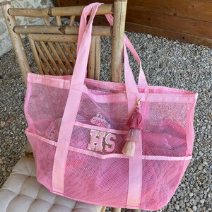 Personalisierte Patch Tasche Netz Mesh Große Initiale Tragetasche Strandtasche Flugzeug Pooltasche Schulter Benutzerdefinierte Handtasche Einkaufstasche Urlaub