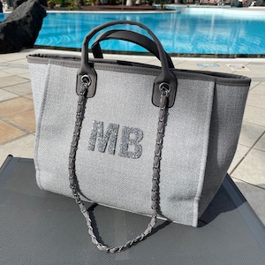 Personalisierte Silber Kristall Große Kette Initial Tragetasche Strandtasche Hand Gepäck Flugzeug Arbeitstasche Schulter Custom Handtasche Canvas Tasche