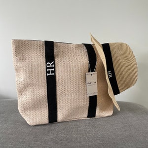 Personalisierte Große Schwarz Band Stroh Strand Tasche Urlaub Initial Tragetasche Hand Gepäck Flugzeug Arbeitstasche Schulter Custom Handtasche Shopper Tasche