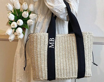 Personalised Straw Wicker Black Ribbon Drawstring Initial Tote Bag Beach Bag Hand luggage airplane work bag Shoulder Custom hand bag holiday