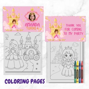Princess Coloring Pages and Crayons, Princess Birthday Party, Princess Party, Princess Coloring, Princess Party Favor, Coloring Book