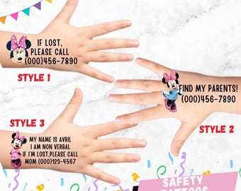 Safety Tattoos, Child Safety Tattoos, Emergency Contact Tattoos,  If lost tattoo, Safety ID Tattoos, Minnie Tattoos ,Autism awareness Tattoo