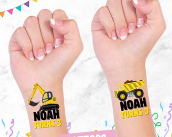 Tatuagens de aniversário com tema de construção, lembrancinhas para festa com tema de caminhão.
