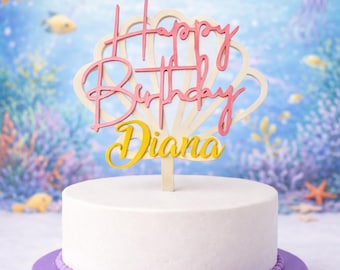 Decorazione per torta a forma di sirena, decorazione per torta di buon compleanno, decorazione per torta stampata in 3D, decorazione per torta a forma di conchiglia di perle