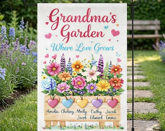 Custom Kids Name Grandma's Garden Flag, Where Love Grows Floral Flag, Custom Flag for Nana, Mimi, Mother's Day Flag, Grandchildren Gift