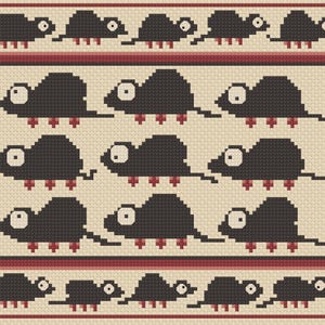 May include: A cross-stitch pattern featuring a grid of dark brown mouse figures with white eyes and red feet on a light beige background. The design includes a border with a geometric pattern and horizontal bands of smaller mouse motifs at the top and bottom.