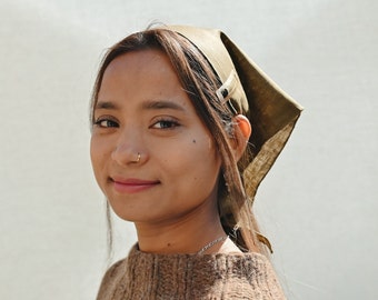 High quality olive green cottage core triangle bandana / headscarf with scalloped finish