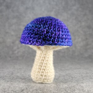 May include: A handmade crochet mushroom with a vibrant blue and purple cap and a cream-colored stem. The mushroom is crafted with textured yarn, showcasing the detailed stitches. This whimsical item is perfect for home decor.