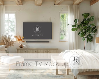 Maqueta de marco de TV estilo boho para dormitorio, pantalla artística para TV Samsung (PSD)