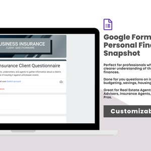 Puede incluir: Una captura de pantalla de una plantilla de formulario de Google para una instantánea de finanzas personales. El formulario está diseñado para profesionales que necesitan recopilar información sobre las finanzas de sus clientes. El formulario incluye preguntas sobre ingresos, presupuesto, ahorros, vivienda y deudas. El formulario es personalizable y puede ser utilizado por agentes inmobiliarios, asesores financieros, agentes de seguros y profesionales de las finanzas.
