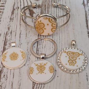 Corelle Butterfly Gold Jewelry - Bracelet, Pendant Necklace, Keychain. Choice of Pattern & Setting