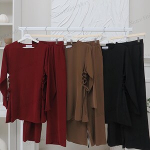 Summer Two-Piece Long-Sleeve Top and Pants Co-ord Set with Corset Detail