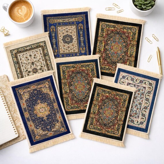 Persian Rug Mouse Pad – Woven Mini Carpet Desk Mat – Boho Office Accessory Gift