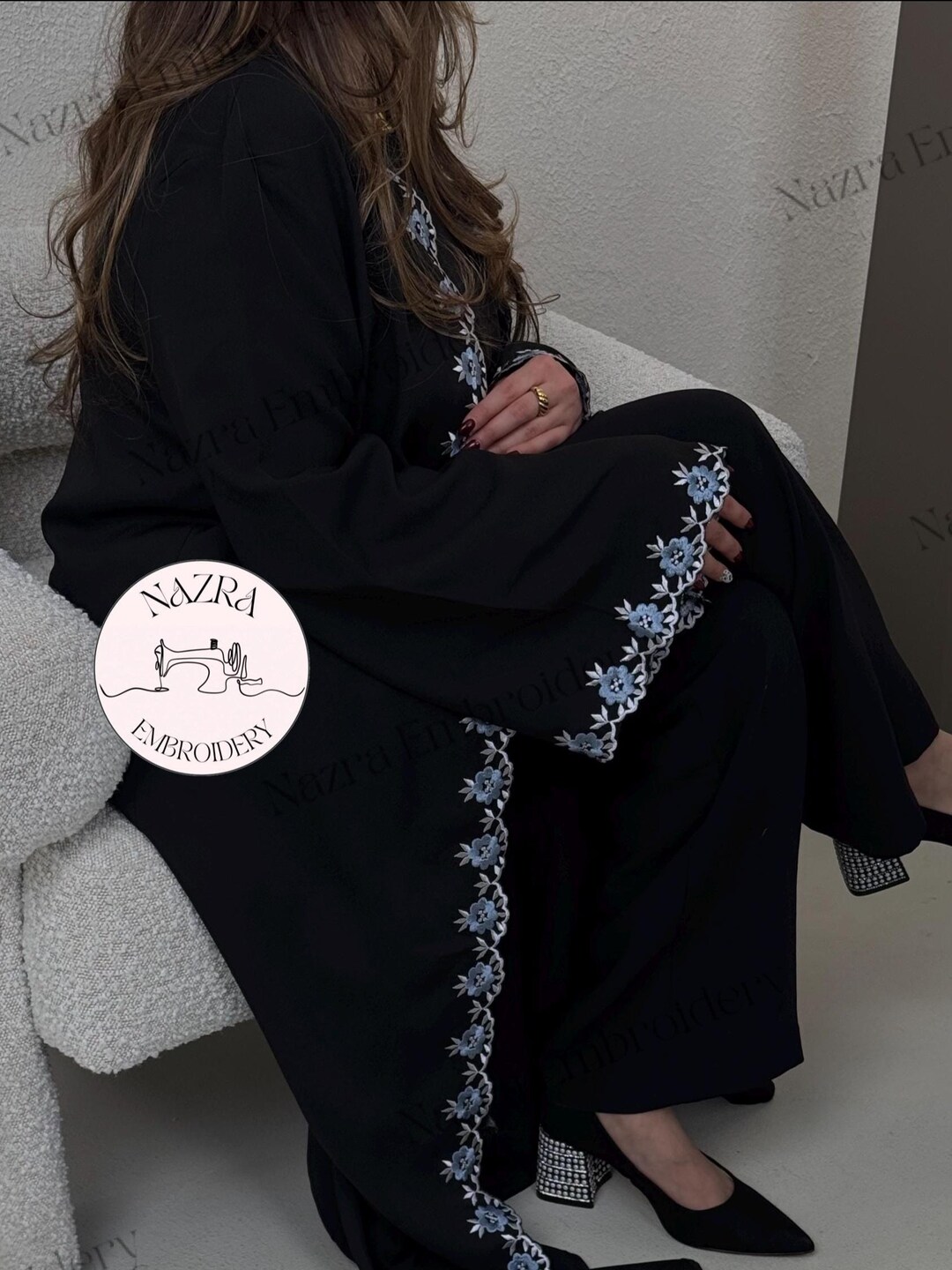 Muslim Pleated contrast casual chic Abaya Blue