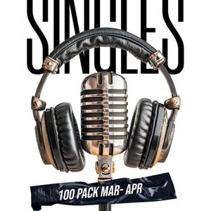 May include: Poster with a microphone and headphones, promoting "SINGLES" with the text "100 PACK MAR-APR" and "DANCEHALL & REGGAE". The image features a vintage microphone and headphones on a white background.