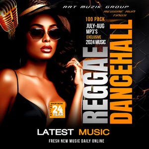 May include: A woman wearing sunglasses and a hat poses in front of a graphic for a reggae music download site. The graphic features the text "REGGAE DANCEHALL", "100 PACK", "JULY-AUG MP3'S", "EXCLUSIVE 2024 MUSIC", and "LATEST MUSIC".